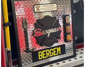 Puede incluir: Placa enmarcada del departamento de bomberos con fondo de placa de diamante. Presenta un emblema de bombero negro con "Seagrave" en plata, una herramienta halligan y una placa con el nombre "BERGEM" en letras amarillas. Incluye insignias y texto.