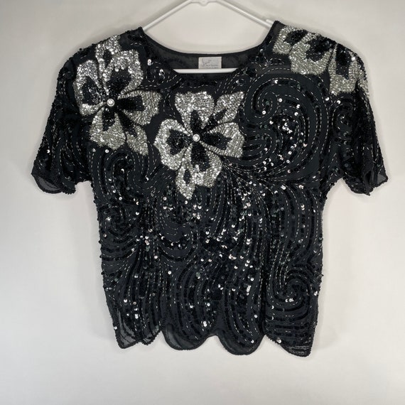 Vintage black velvet top with sequence buttons