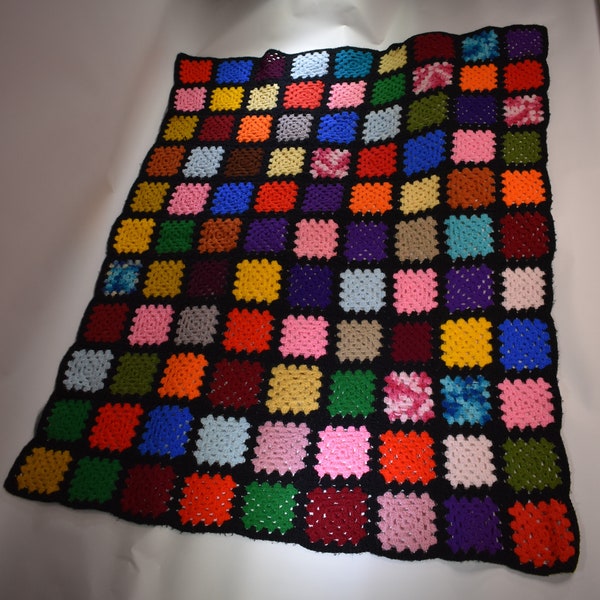 Vintage Granny Square Afghan Rainbow colors hand crocheted 64" x 52"