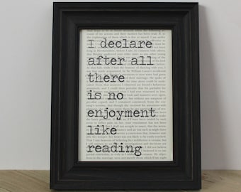 Jane Austen's Pride and Prejudice "No Enjoyment Like Reading Book Page Quote Art Print/ Wall Art/Book Lovers Gifts/ Upcycled Book Art
