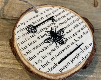 Starless Sea  Key Bee and Sword Wood Slice Ornaments: Featuring actual book pages /Wedding/Shower gifts