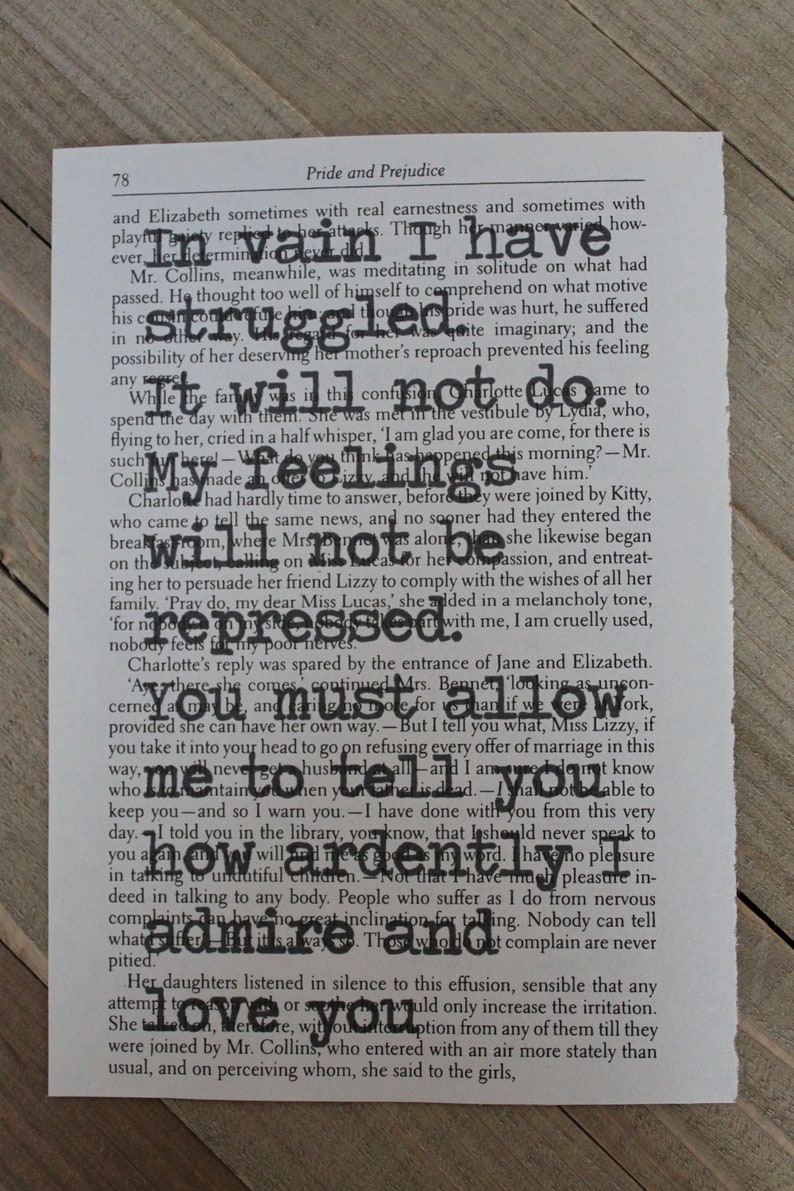 Jane Austen's Pride and Prejudice Book Page Quote Art Print/ Wall Art/ Unique Book Lovers Gifts/ Upcycled Book Art image 3