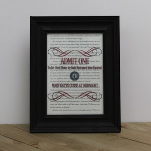 May include: A framed print with a vintage aesthetic featuring a text excerpt from a fantasy novel. The text is in a decorative font and includes the words "ADMIT ONE" and "MAIN GATES CLOSE AT MIDNIGHT".