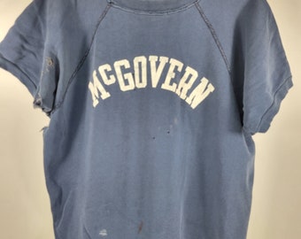 Vintage McGovern Sweatshirt /Thrashed Destroyed Distressed / 70s Champion Blue Bar Sweatshirt / Cropped Sleeve / Seventies Fashion / Boxy S