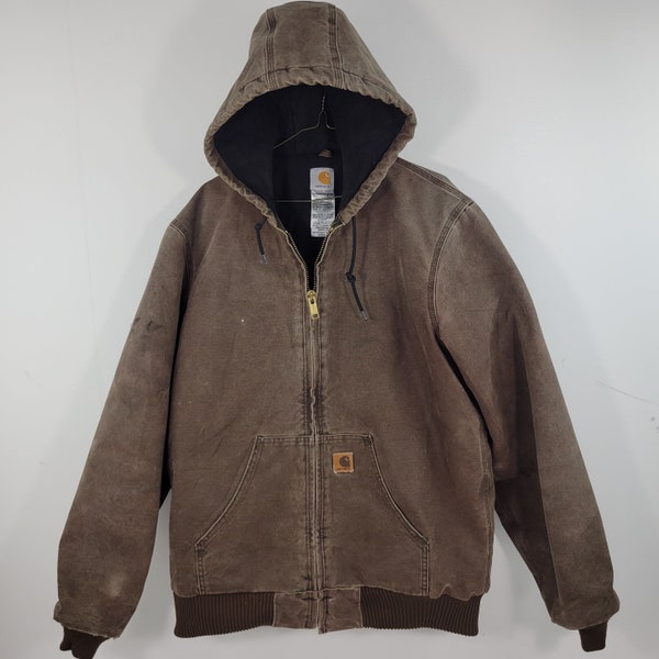 Vintage Carhartt Hooded Bomber Jacket / Distressed Barn Coat / Carhartt Detroit Workwear / Carhartt Denim / Faded Brown / Medium Tall