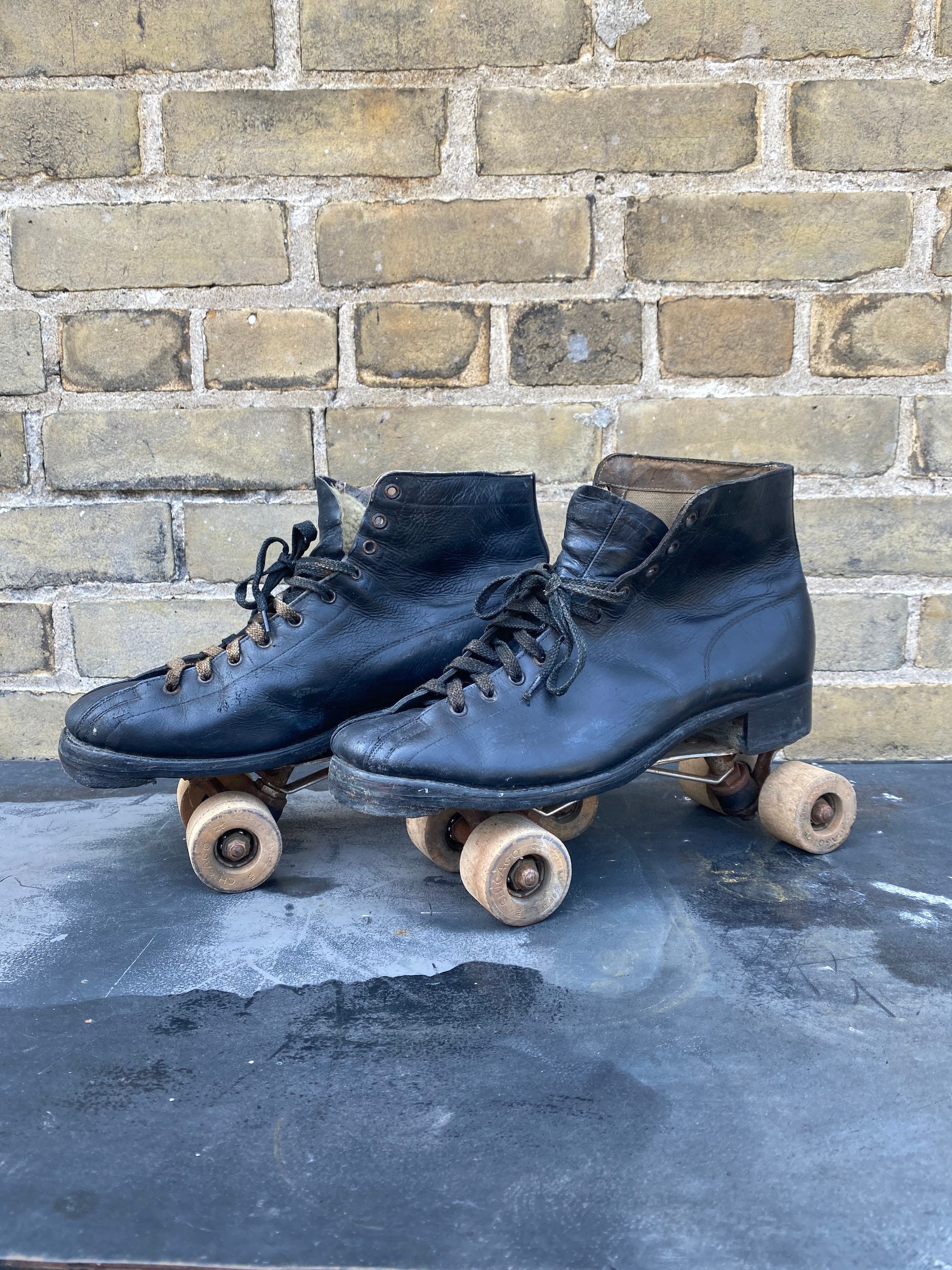 Antique Black Leather Roller Skates With Wood Chicago Wheels Etsy