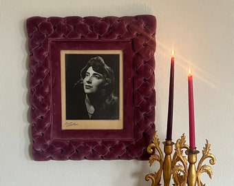 True Vintage Padded Purple Velvet Framed Woman Portrait // Quilted Fabric Frame
