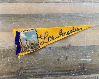 Vintage Yellow Los Angeles Felt Pennant // Stitched Lettering