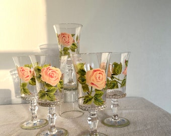 Handpainted Glass Goblets with Pink Rose and Blue Forget-Me-Nots, Set of 5