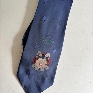 Vintage marinblå Jester Moschino slips, clown 1990-talsstil