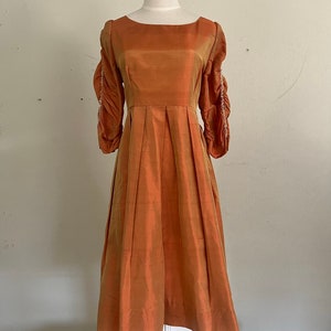 Vintage Burnt Orange Dress with Bejeweled Ruched Sleeves by Dorothy Egan