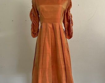 Vintage Burnt Orange Dress with Bejeweled Ruched Sleeves by Dorothy Egan