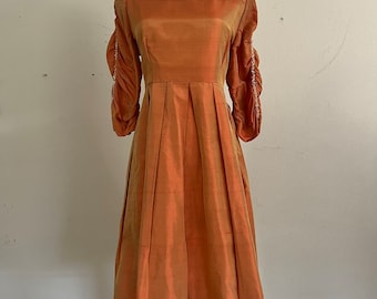 Vintage Burnt Orange Dress with Bejeweled Ruched Sleeves by Dorothy Egan