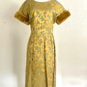 Vintage Gold and Turquoise Brocade Cocktail Dress with Fur Cuffs // US size XS S