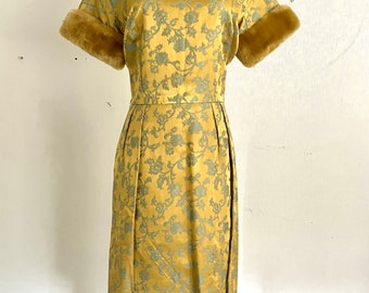 Vintage Gold and Turquoise Brocade Cocktail Dress with Fur Cuffs // US size XS S