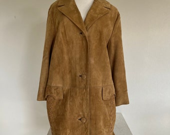 Vintage Suede Coat with Button Closure and Martingale Belt, Braided Sides  // US Women's Large