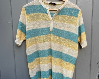 Vintage Knit Striped T-Shirt, White Yellow Blue, Vintage Men's Shirt // Men's Medium