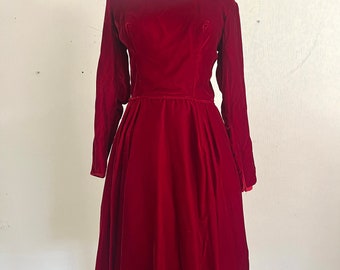 Vintage Cranberry Red Velvet Cocktail Dress 1950s, US Women’s XS