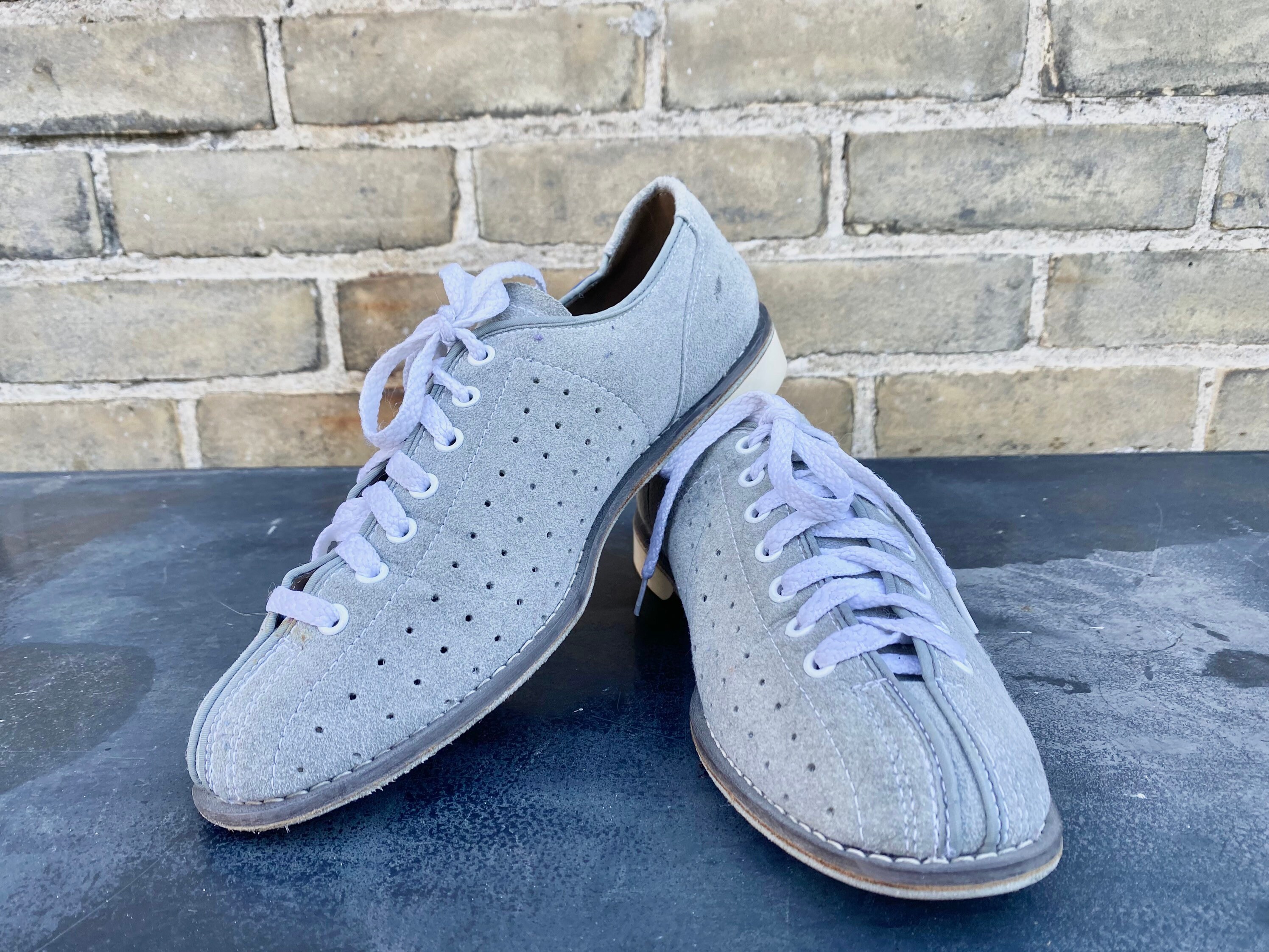 Vintage Grey Felt Bowling Shoes with White Laces by Fineline