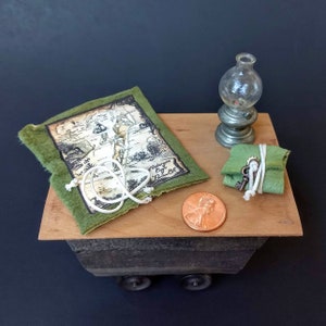 Miniature Treasure Maps and Compass with Leather Pouch Set Green 1:12 scale dollhouse steampunk collectable