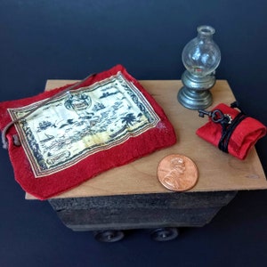 Miniature Treasure Maps and Compass with Leather Pouch Set Red 1:12 scale dollhouse steampunk collectable