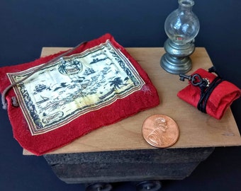 Miniature Treasure Maps and Compass with Leather Pouch Set Red 1:12 scale dollhouse steampunk collectable