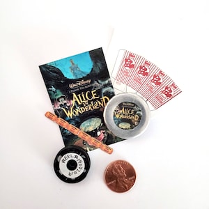 Miniature Movie Poster & Accessory Set with mini film reel and can. 1:12 scale dollhouse collectable Alice in Wonderland
