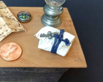 Miniature White Leather Pouch with Treasure Map and Compass 1:12 scale dollhouse steampunk collectable