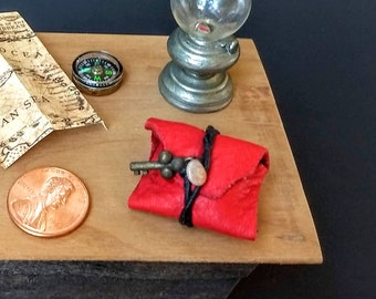 Miniature Red Leather Pouch with Treasure Map and Compass 1:12 scale dollhouse steampunk collectable