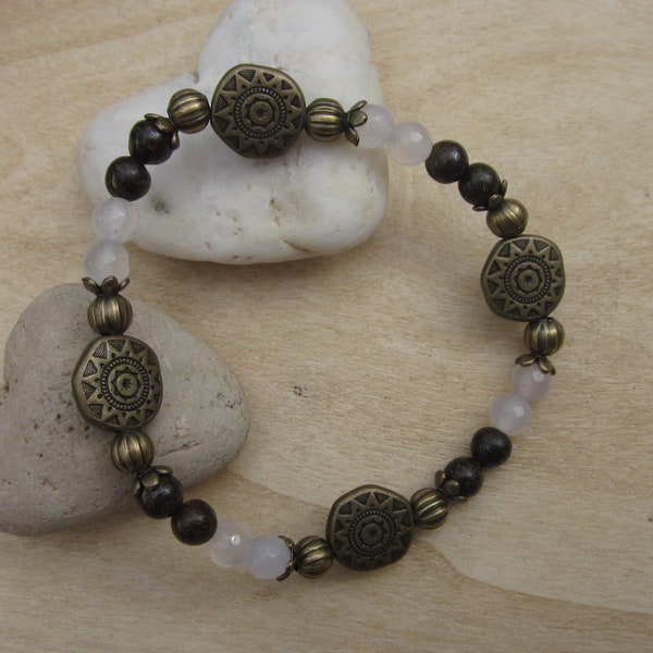 bracelet en perles naturels bronzite avec les quartz rose