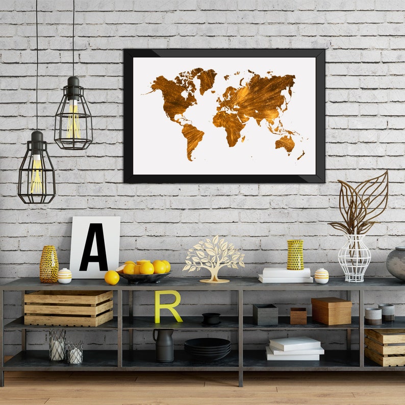 Gold World Map Wall Art Gold Wall Decor Travel Map World Etsy