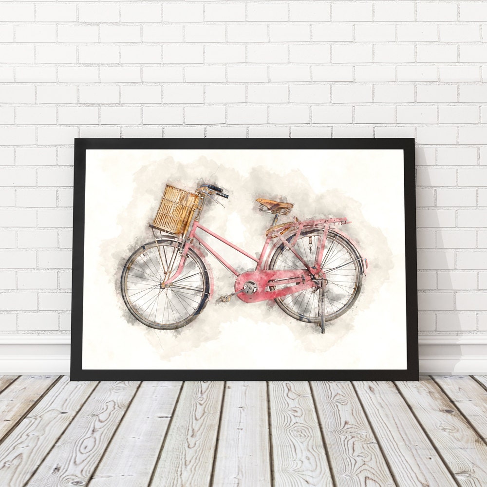 Pink bicycle poster Bicycle watercolor Girly Bike wall art | Etsy