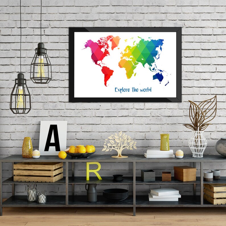 PRINTABLE art World map wall art Travel World Map iridium polygons Map poster Iridium World map Iridium wall art Color World map art