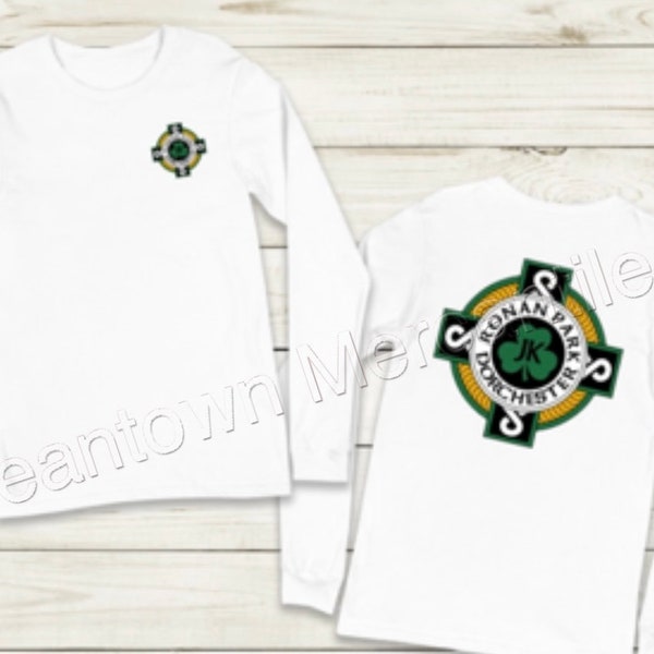 Long sleeve front and back print JK Ronan Park on 50/50 blend tee