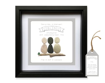 Pebble art 'SISTERS | BROTHERS | SIBLINGS' gift. Personalised wall decor framed picture. Sea Glass. Drift wood. Any people, unusual Birthday