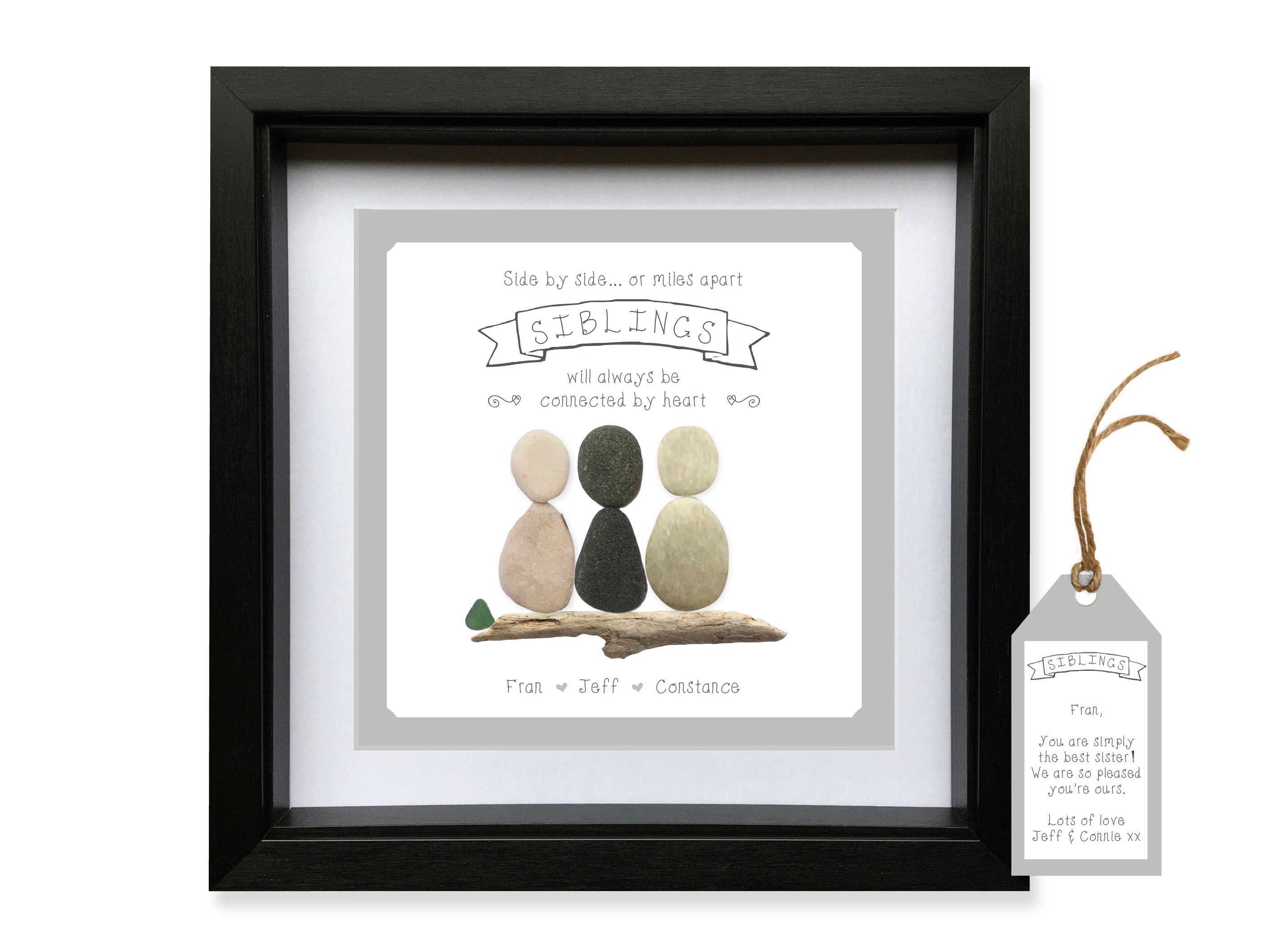 Personalised Pebble art 'SISTERS BROTHERS SIBLINGS' gift wall decor framed picture. Sea Glass. Drift wood. Any people, unusual Birthday