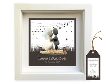 WEDDING Personalised pebble art STRING LIGHTS gift. Handmade framed wall decor with sea glass and a shell. Festoon lights, Rustic, Outdoor