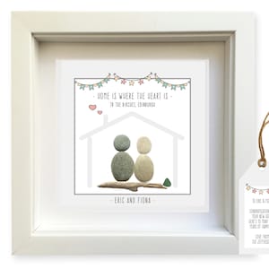 Housewarming Personalised Pebble art gift &#39;HOME is where the HEART is&#39;. Handmade framed wall decor picture. Sea Glass, Birthday, unusual