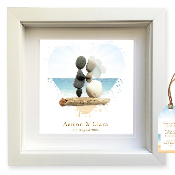 Personalised Pebble art 'BEACH WEDDING' gift. Handmade picture framed wall decor. Bride and Groom, Keepsake, Seaside, Coast, Sun sand, Sea