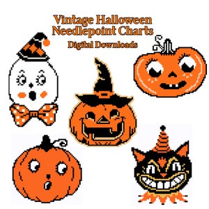 May include: A collection of pixel art designs featuring the text Vintage Halloween Needlepoint Charts Digital Downloads. The graphics include a ghost in a hat, a jack-o'-lantern with a witch hat, a plain pumpkin, and a black cat in a party hat.