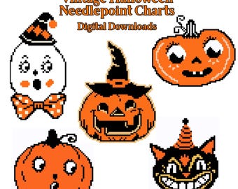 Op de afbeelding: Een verzameling pixel art ontwerpen met de tekst Vintage Halloween Needlepoint Charts Digital Downloads. De afbeeldingen bevatten een geest met een hoed, een pompoen met een heksenhoed, een gewone pompoen en een zwarte kat met een feesthoed.