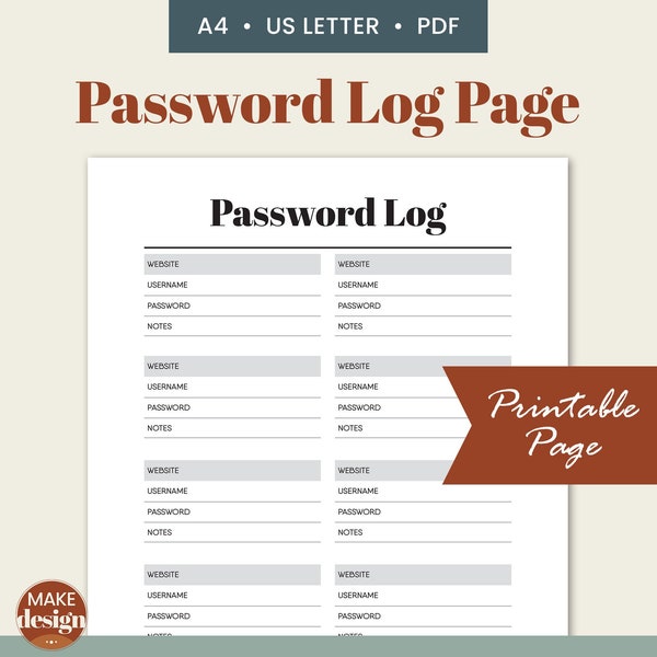 Password Log Printable Page, Password List PDF, Password Tracker, Password Organizer, Login Planner Keeper, Binder Insert Sheet, Reminder