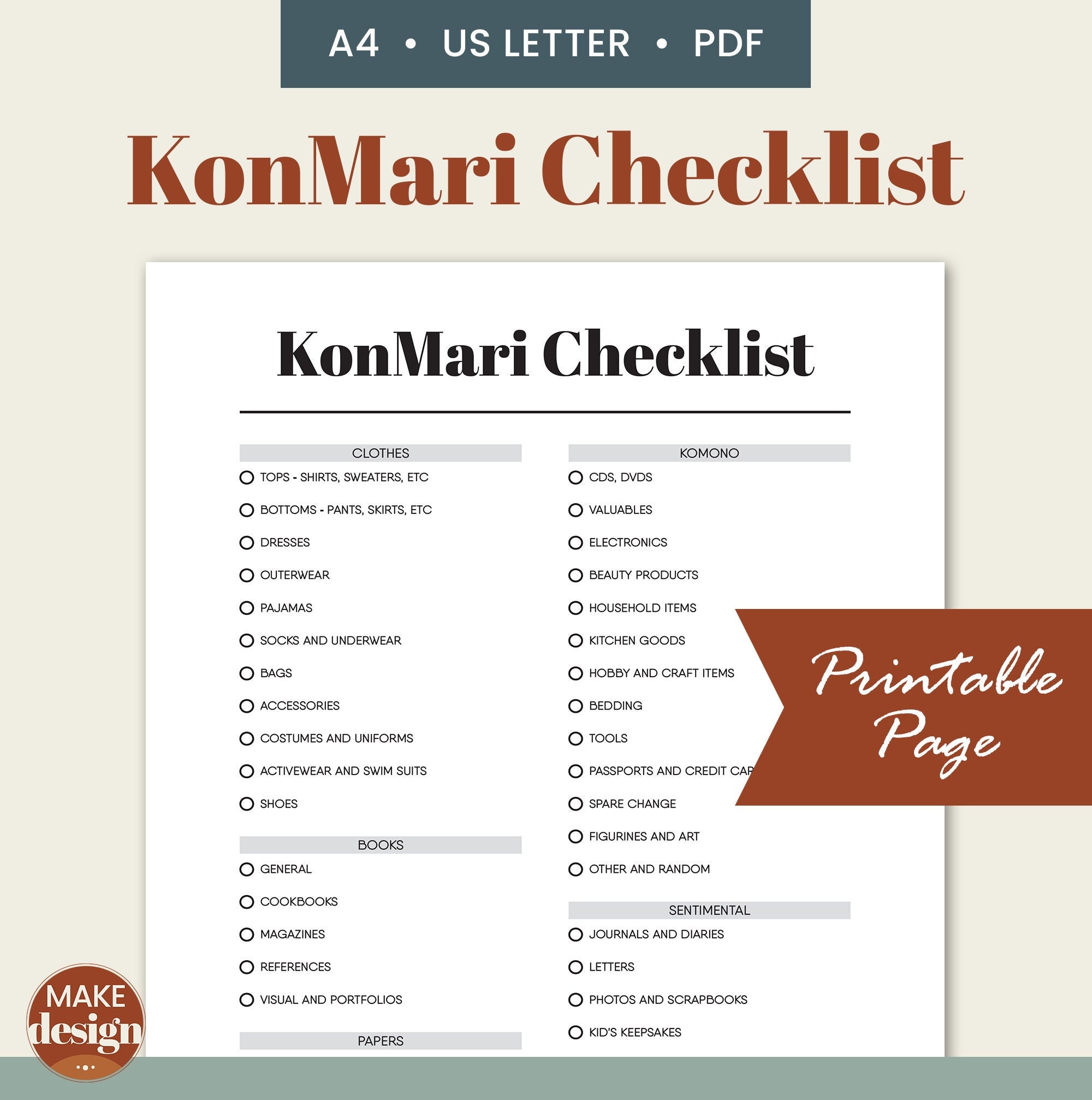 Konmari Cleaning Checklist Printable, Room Declutter, Marie Kondo ...