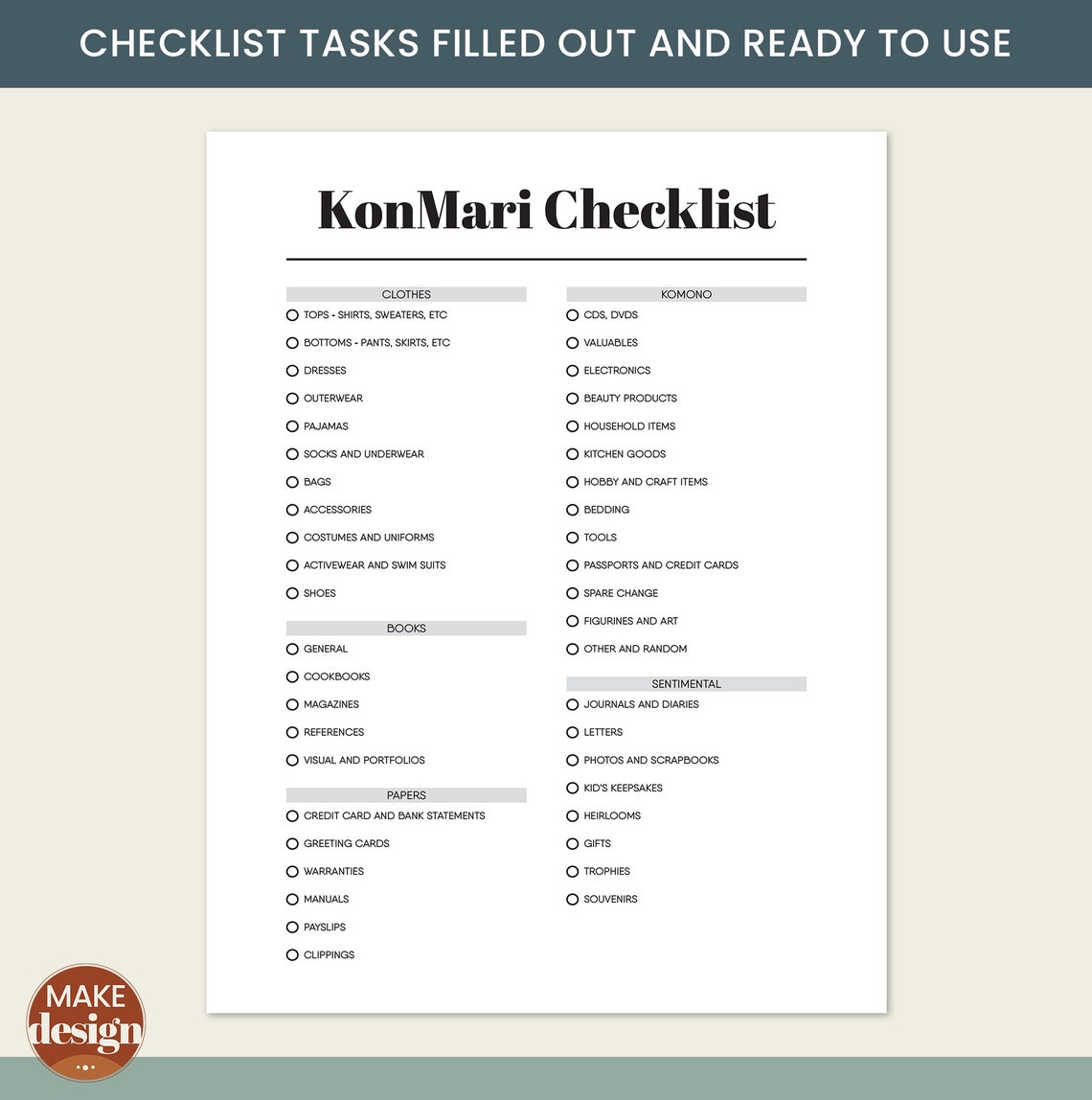 Konmari Cleaning Checklist Printable, Room Declutter, Marie Kondo ...
