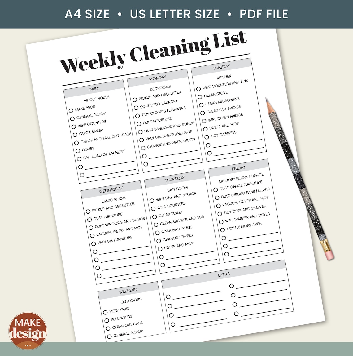 Weekly Cleaning Checklist Printable Cleaning Schedule Housework Check