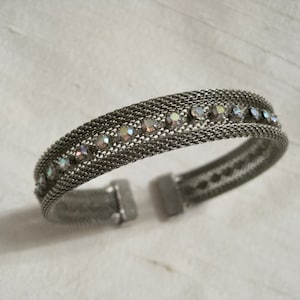 Mid Century Mesh Cuff Bracelet. Antique Stainless Mesh Cuff Bracelet Ornate with Aurora Borealis Strand.