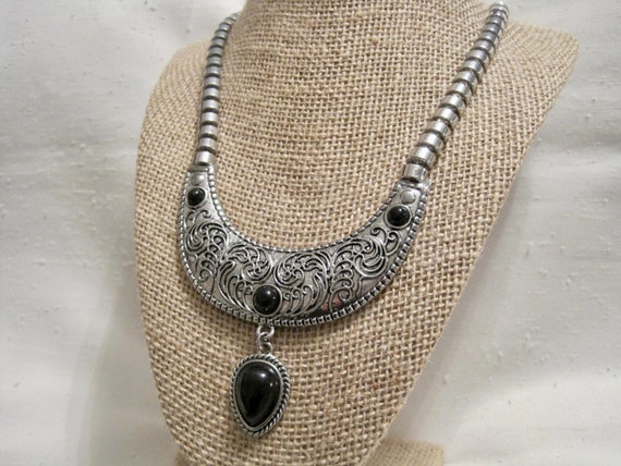 Cleopatra Bib Necklace. Scroll Pattern Silver Ton… - image 7