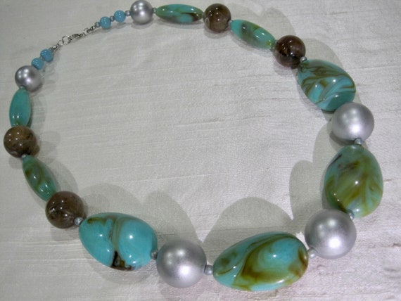 Beaded Necklace. Marble Blue, Brown, Mate Silver … - image 8