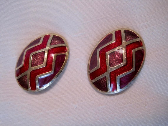 Oval Clip on Earrings. Red & Purple Enamel Colour… - image 2