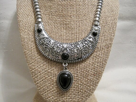 Cleopatra Bib Necklace. Scroll Pattern Silver Ton… - image 3
